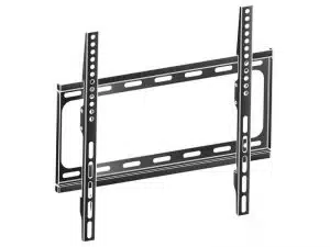 Schwarze TV-Wandhalterung aus Metall, Modell mit rechteckigem Design und zwei vertikalen Streben, mehrere Bohrlöcher für flexible Montage sichtbar; ideal zum Mieten oder Kaufen, abgebildet vor weißem Hintergrund.