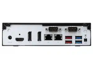 Rückansicht des LOG Compact Media PC Mini UHD 4K V3 mit Anschlüssen wie DC-in, HDMI, zwei DisplayPorts, zwei seriellen COM-Ports, Ethernet-LAN-Anschluss, mehreren USB 2.0 und 3.0 Ports sowie Audio-Klinke - kompakter Mini-PC optimal für Kauf oder Miete.