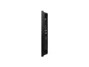 Seitenansicht des 13 Zoll FHD Displays Samsung QB13R-T vor weißem Hintergrund, sichtbar sind Ethernet-, HDMI-, USB- und AV-Anschlüsse - ideales Digital Signage Display zum Mieten oder Kaufen.