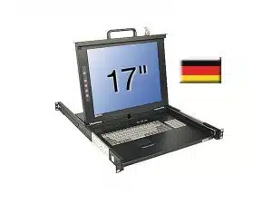 17-Zoll Rackmount-Konsole mit integriertem Bildschirm, Tastatur und Touchpad, geöffnet gezeigt; rechts daneben ist eine Deutschlandflagge zu sehen - ideal zum Kaufen oder Mieten dieser Server-Konsole in Deutschland.