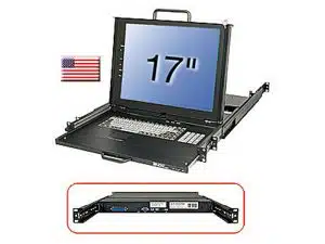 17-Zoll Rackmount-Konsole mit integriertem Monitor, Tastatur und Touchpad, ausgezogen gezeigt; Tragegriff an der Oberseite, daneben ein US-Flaggen-Symbol. Rückansicht betont die Ein- und Ausgänge - ideal zum Kaufen oder Mieten für Serverräume oder IT-Anwendungen.