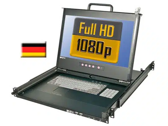 Rackmount-Konsole mit integrierter Tastatur und aufklappbarem Full HD 1080p Monitor, daneben eine kleine deutsche Flagge; ideal zum Kaufen oder Mieten für IT-Infrastrukturen und Rechenzentren.
