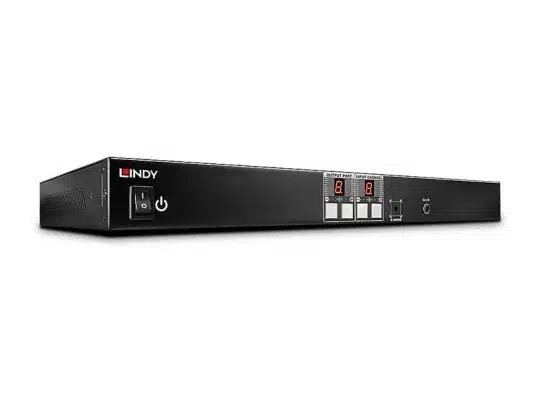 Schwarzes Lindy Rackmount-Netzwerkgerät mit Power-Taste, Display-Anzeigen, Steuerknöpfen, USB-Anschluss und LED-Statusleuchten auf der Frontseite - ideal zum Mieten oder Kaufen. Perfektes Netzwerkgerät für professionelle IT-Lösungen und zuverlässige Netzwerkinfrastruktur.