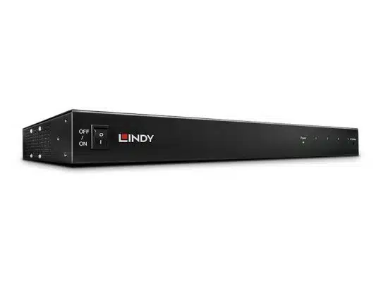 Lindy Netzwerkgerät in Schwarz mit Netzschalter, Markenlogo und Status-LEDs auf der Frontblende vor weißem Hintergrund - optimal als Miet- oder Kaufoption für professionelle Netzwerklösungen.