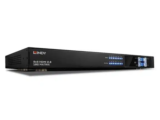 Schwarzer Lindy 8x8 HDMI 2.0 18G Matrix Switch mit mehreren Eingabe- und Ausgabetasten samt blauen LED-Anzeigen auf der Frontseite, vor weißem Hintergrund. Das Gerät ist zum Kaufen oder Mieten erhältlich.