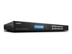 Lindy 8x8 HDMI 2.0 18G Matrix Pro Gerät mit digitalem Display und nummerierten Tasten für Eingänge und Ausgänge, ideal zur flexiblen Verwaltung mehrerer HDMI-Quellen und -Ausgänge-jetzt kaufen oder mieten.