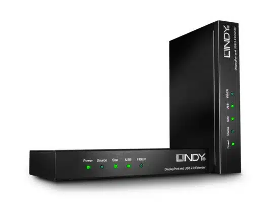 Zwei schwarze, rechteckige LINDY DisplayPort und USB 2.0 Extender mit LED-Anzeigen und mehreren Ports; ein Gerät steht aufrecht, das andere liegt flach - professionelle Extender-Lösung für verlustfreie Signalübertragung, ideal zum Kaufen oder Mieten.