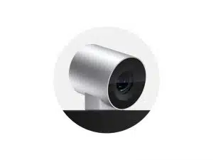 Moderne, silberne Webcam mit schwarzem Objektiv auf schwarzer Halterung vor weißem Hintergrund - ideal zum Kaufen oder Mieten.
