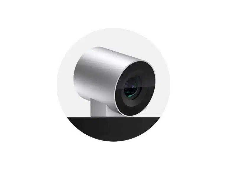 Moderne, silberne Webcam mit schwarzem Objektiv auf schwarzer Halterung vor weißem Hintergrund - ideal zum Kaufen oder Mieten.