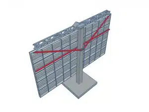 3D-Illustration eines großen, rechteckigen Solarpanels auf einem zentralen Stützpfosten mit Metallträger oben und diagonalen roten Linien - modernes Solarenergie-System, ideal zum Kaufen oder Mieten.