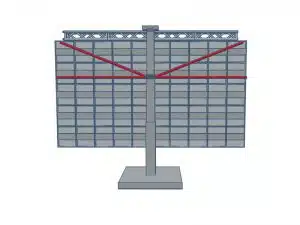 Großes rechteckiges Metall-Billboard mit Gitterstruktur, zentralem Standpfosten, roten diagonalen Streben und Querbalken oben; das Werbeschild steht auf einer flachen Basis und ist als Werbetafel zum Kaufen oder Mieten erhältlich.