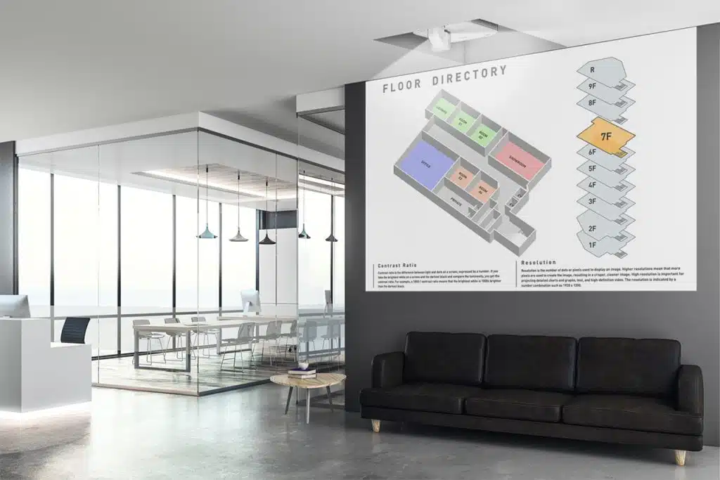 Moderne Bürolobby mit schwarzem Sofa und verglastem Besprechungsraum; an der Wand hängt ein großer, farbcodierter Lageplan als Etagenübersicht - ideal für Interessenten, die Büroflächen mieten oder kaufen möchten.