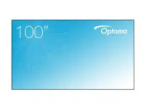 Optoma 100 Zoll Projektionstuch in Blau mit dezentem Glitzereffekt, weißer Zahl "100" oben links und Optoma Logo oben rechts - ideal zum Kaufen oder Mieten für Präsentationen und Events.