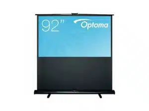 92-Zoll Optoma Beamer-Leinwand mit schwarzem Sockel und Rahmen, teilweise ausgezogen, zeigt das Optoma Logo auf blauem Hintergrund - perfekt zum Kaufen oder Mieten.