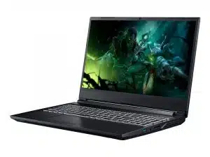 Der Laptop 15.6 Zoll - K56-11NB-C2 in elegantem Schwarz mit beleuchteter Tastatur steht auf einem Tisch; auf dem Display ist ein farbenfrohes Fantasy-Spiel zu sehen - ideal zum Mieten oder Kaufen als leistungsstarker Gaming-Laptop für immersive Spielerlebnisse.