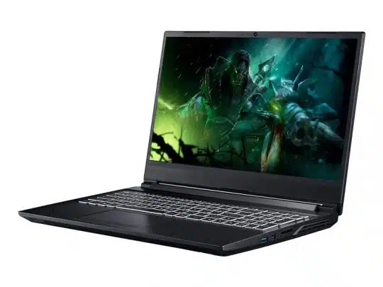 Der Laptop 15.6 Zoll - K56-11NB-C2 in elegantem Schwarz mit beleuchteter Tastatur steht auf einem Tisch; auf dem Display ist ein farbenfrohes Fantasy-Spiel zu sehen - ideal zum Mieten oder Kaufen als leistungsstarker Gaming-Laptop für immersive Spielerlebnisse.