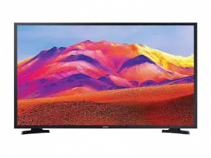 Moderner Flachbildfernseher auf zwei schwarzen Standfüßen vor weißem Hintergrund. Auf dem Bildschirm ist ein farbenfrohes Bild mit roten, orangen, lila und gelben Bergen zu sehen. Perfekt zum Kaufen oder Mieten - ideal als Fernseher für Wohnzimmer oder Büro.