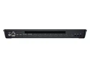 Rückansicht des [Produktname]-Geräts: Zu sehen sind mehrere HDMI-Anschlüsse, zwei USB-Ports, ein Ethernet-Port, ein Power-Button, Audio-Ein- und Ausgänge sowie Lüftungsschlitze an der Rückseite dieses elektronischen Geräts - ideal zum Mieten oder Kaufen.
