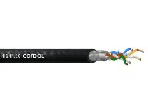 Schwarzes HIGHFLEX CORDIAL Kabel mit teilweise entfernter Außenhülle, sichtbar werden gedrehte, farbige Adernpaare und Abschirmung im Inneren - professionelles Audiokabel, ideal zum Kaufen oder Mieten für vielseitige Anwendungen.