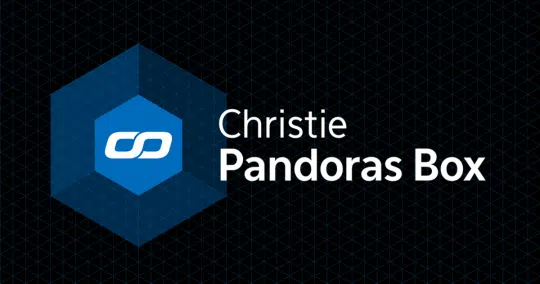 Produktbild zur "Lizenz - Christie Pandoras Box Software License V8 - 1 Output mieten": Auf dunklem, gitterartigem Hintergrund ist links ein blaues Sechseck mit weißem Link-Symbol zu sehen, daneben steht der Produktname; das Bild eignet sich ideal zur Präsentation der Mietlizenz.