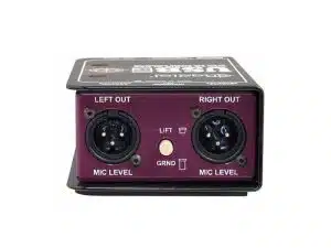 Nahaufnahme des Audio-Interfaces "Radial Engineering J48", mit zwei XLR-Ausgängen ("Left Out" und "Right Out"), Mikrofonpegel-Reglern, Ground-Lift-Schalter sowie einem Gehäuse in Lila und Schwarz - perfekt zum Mieten oder Kaufen für professionelle Audiotechnik.
