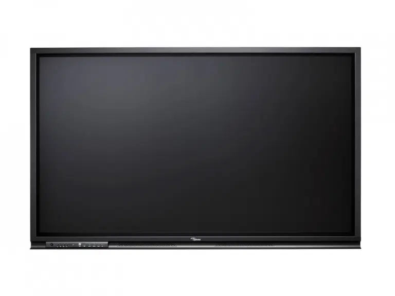 75 Zoll UHD Multi Touch Display Optoma 3752RK, Neuware: Großes, schwarzes Touchscreen-Display mit glänzender Oberfläche und Bedientasten unten links; vor weißem Hintergrund abgebildet - interaktiver Monitor ideal für Präsentationen und Meetings.