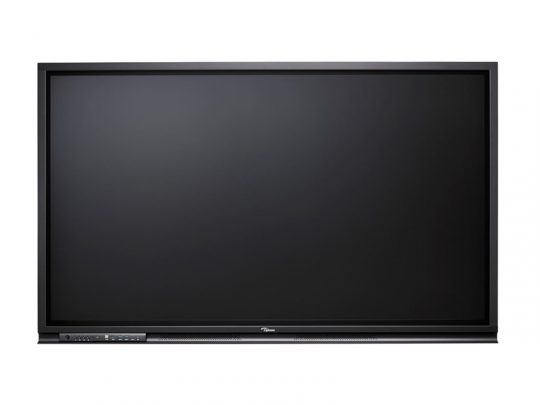 86 Zoll UHD Multi Touch Display Optoma 3862RK (Neuware) mit schwarzem Rahmen, ausgeschaltet und vor weißem Hintergrund fotografiert; das große, rechteckige Display zeigt eine dunkle, leere Fläche - jetzt kaufen.