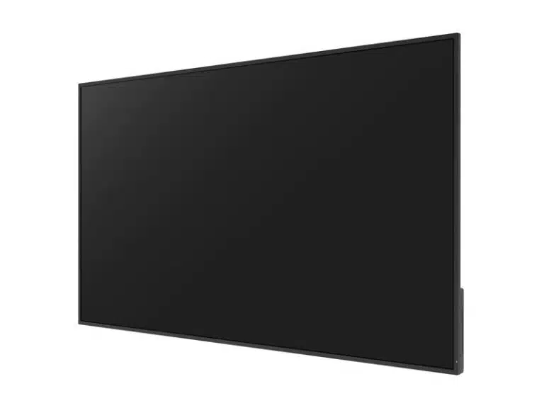 65 Zoll UHD Display Optoma N3651K, ausgeschaltet, schräg vor weißem Hintergrund; das moderne LED-Display hat einen dünnen Rahmen und eignet sich ideal zum Mieten oder Kaufen für Zuhause oder Büro.