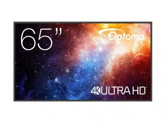 65 Zoll UHD Display Optoma N3651K, Neuware, zeigt eine bunte Galaxie auf dem Bildschirm mit den Schriftzügen "65", "Optoma" und "4K ULTRA HD" - ideal zum Kaufen oder Mieten.