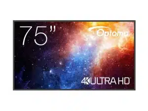 75 Zoll UHD Display Optoma N3751K: Das Produktbild zeigt das große, moderne Ultra-HD-Display mit schmalem Rahmen. Auf dem Bildschirm ist ein farbenfrohes Weltraummotiv zu sehen. Ideal geeignet für beeindruckende Heimkino-Erlebnisse und jetzt als Neuware erhältlich.
