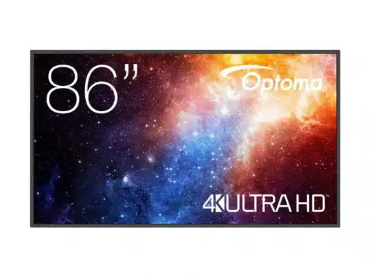 Das Optoma N3861K 86 Zoll UHD Display (Neuware) zeigt eine brillante, farbenfrohe kosmische Nebel-Grafik und weißes Optoma Branding auf dem Bildschirm - jetzt als hochwertiges Großbild-Display für Unternehmen oder Bildungseinrichtungen erhältlich.