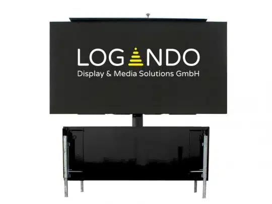 Gebrauchte INFiLED ER5pro LED Containerwand, 50m² (9,50m x 5,25m), schwarze LED-Videowand auf rechteckigem schwarzen Sockel mit Metallsupports; der Bildschirm zeigt das LOGANDO Logo und den Schriftzug "LOGANDO Display & Media Solutions GmbH".