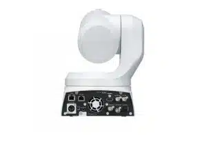 4K PTZ-Kamera Panasonic AW-UE150KEJ in Weiß, Rückansicht mit gut sichtbaren Ethernet-, HDMI-, Netzteil- und weiteren Anschlussmöglichkeiten - professionelle Studiokamera für hochwertige Videoübertragungen, ideal zum Kaufen oder Mieten.