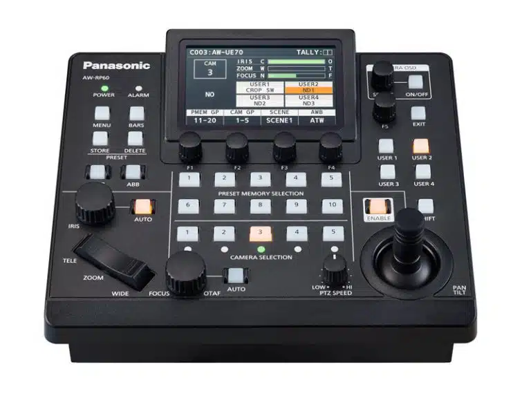 Panasonic AW-RP60GJ Remote-Kamerasteuereinheit für PTZ-Kameras, schwarzes Bedienfeld mit Tasten, Drehreglern, Schaltern, großem Joystick und integriertem Display zur Anzeige von Kameraeinstellungen - professionelle Steuerungslösung, ideal zum Mieten.