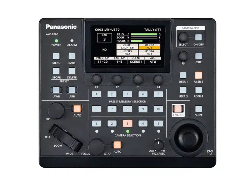 Die Panasonic AW-RP60GJ ist eine professionelle Remote-Kamerasteuereinheit für PTZ-Kameras. Das Gerät verfügt über zahlreiche Tasten, Drehregler und ein übersichtliches Display zur Anzeige und Steuerung von Kameraeinstellungen - ideal zum Mieten für präzise Kameraoperationen im Studio oder bei Live-Events.