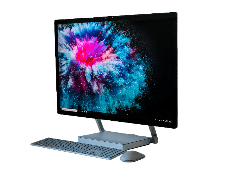 Moderner All-in-One Desktop-Computer mit kabelloser Tastatur und Maus; der Bildschirm zeigt eine bunte Explosion auf schwarzem Hintergrund. Ideal zum Kaufen oder Mieten - leistungsstarker PC für Büro oder Homeoffice.