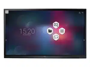 Digitales interaktives Display "SmartTouch Screen" mit farbigem, unscharfem Hintergrund. Auf dem Bildschirm werden die Uhrzeit 15:20, das Datum Donnerstag, 7. November sowie vier sechseckige Icons für Funktionen wie "kaufen" und "mieten" angezeigt. Ideal für moderne Kommunikation und Bedienung im Büro oder öffentlichen Raum.