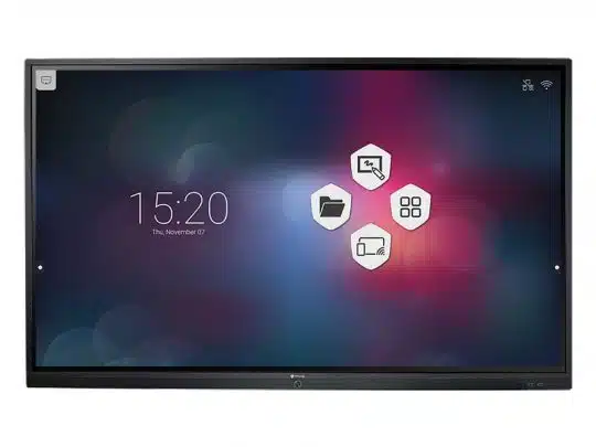 Digitales interaktives Display "SmartTouch Screen" mit farbigem, unscharfem Hintergrund. Auf dem Bildschirm werden die Uhrzeit 15:20, das Datum Donnerstag, 7. November sowie vier sechseckige Icons für Funktionen wie "kaufen" und "mieten" angezeigt. Ideal für moderne Kommunikation und Bedienung im Büro oder öffentlichen Raum.