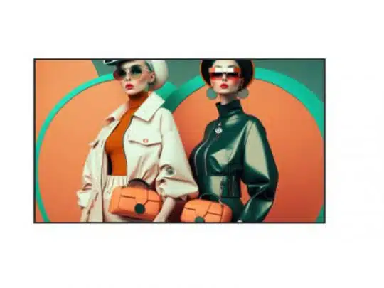 Zwei modische Frauen posieren vor einem grafischen Hintergrund; eine trägt ein cremefarbenes Outfit mit Sonnenbrille und Hut, die andere glänzendes Dunkelgrün mit rotem Lippenstift. Beide halten auffällige orangefarbene Handtaschen-ideal zum Mieten oder Kaufen, um deinen stylischen Look zu vervollständigen.