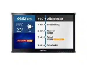 Digitales Anzeigedisplay mit ÖV-Fahrplan für Buslinie 80 nach Albisrieden, zeigt aktuelle Uhrzeit 09:52 Uhr, klares Wetter bei 23°C sowie nächste Haltestellen mit Ankunftszeiten zwischen 2 und 6 Minuten - praktisch für alle, die in der Umgebung kaufen oder mieten möchten.