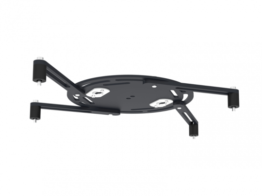 Schwarze, runde Deckenhalterung aus Metall mit drei verstellbaren Armen und zylindrischen Verbindungsstücken, ideal zur Montage und Befestigung von Beamern/Projektoren an Decke oder Wand; perfekt zum Mieten oder Kaufen.