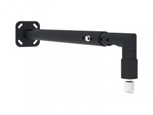 Schwarze, verstellbare Wandhalterung mit rechteckiger Basis, geradem Arm und Gelenk am Ende zur flexiblen Befestigung und Ausrichtung von Geräten oder Equipment - ideal zum Kaufen oder Mieten.