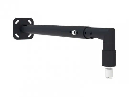 Schwarze, verstellbare Wandhalterung mit rechteckiger Basis, geradem Arm und Gelenk am Ende zur flexiblen Befestigung und Ausrichtung von Geräten oder Equipment - ideal zum Kaufen oder Mieten.