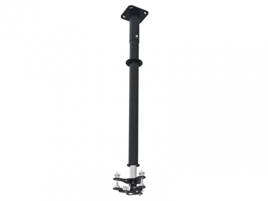 Deckenmontierte verstellbare Projektorhalterung mit langem schwarzem Stab, oberer Montageplatte und verstellbaren Armen zur sicheren Befestigung eines Projektors - ideal zum Kaufen oder Mieten für Präsentationen oder Heimkino.