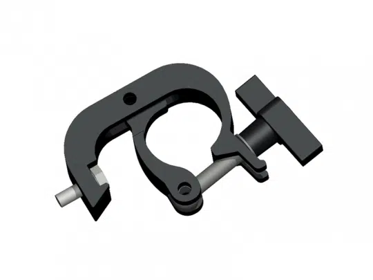 3D-Darstellung einer schwarzen C-Schraubzwinge mit Feststellschraube und Scharnier, ideal zum sicheren Fixieren von Werkstücken in der Werkstatt. Perfekt für alle, die hochwertige Schraubzwingen kaufen oder mieten möchten. Abgebildet vor weißem Hintergrund.