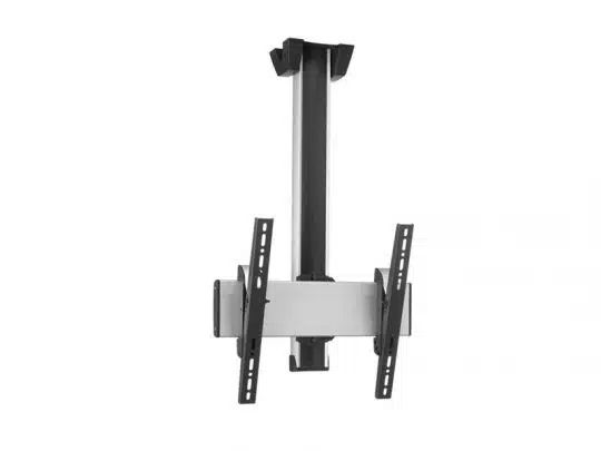 Deckenmontierte TV-Halterung "FlexMount" mit verstellbarem Metallarm und schwarzen Montageleisten, geeignet zur sicheren Befestigung eines Flachbildfernsehers an der Decke - perfekt zum Kaufen oder Mieten. Das robuste, höhenverstellbare Design erlaubt eine flexible Ausrichtung des TVs für Wohn- oder Geschäftsräume.