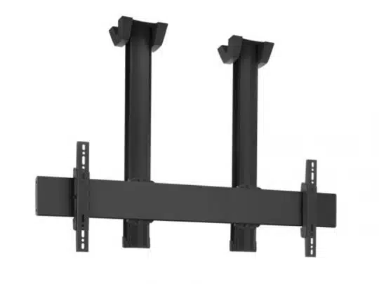 Schwarze Dual-Pole-Deckenhalterung für Flachbildschirme oder TVs, mit verstellbaren vertikalen und horizontalen Metallschienen; ideal zum Mieten oder Kaufen. Perfekt als Monitor- oder TV-Deckenhalterung für Veranstaltungen, Büros oder Messestände.
