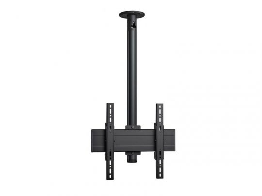 Schwarze TV-Deckenhalterung aus Metall mit verstellbarer Stange, rechteckiger Basis und zwei vertikalen Halterungen zur Befestigung eines Flachbildfernsehers. Perfekt zum Kaufen oder Mieten. Das Produkt (Ceiling TV Mount) ist auf weißem Hintergrund freigestellt abgebildet.