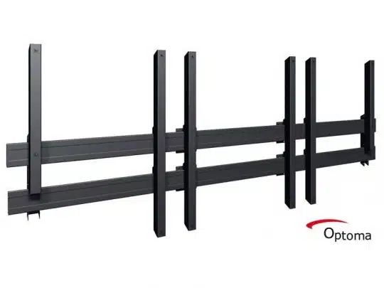 Optoma Wandhalterung in Schwarz für Flachbildschirme, mit mehreren horizontalen und vertikalen Streben zur sicheren Befestigung; das Optoma-Logo ist unten rechts sichtbar. Ideale Lösung zum Kaufen oder Mieten für die professionelle Displaymontage.