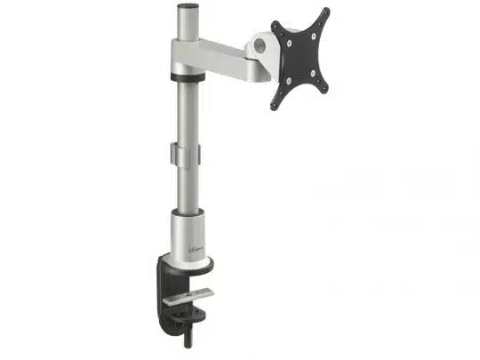 Silber-schwarzer, verstellbarer Monitorarm mit Tischklemme und VESA-Platte zur Befestigung eines Bildschirms; eignet sich ideal zum Kaufen oder Mieten, sorgt für ergonomisches Arbeiten am Schreibtisch.